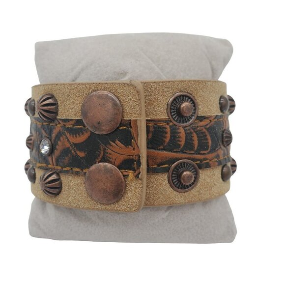 JEWELRY Brown Leather Bracelet Studs Rhinestones Size 8.5" Length - Picture 3 of 4